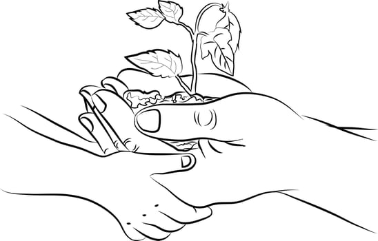 Doodle style line art drawing of hands of father and son planting a tree together. Global tree plantation day. Teach youngsters importance of plantation. Agriculture ecology concept. nature concept vector