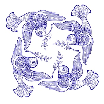 Dove of peace with olive branch. Outline Vector mandala.