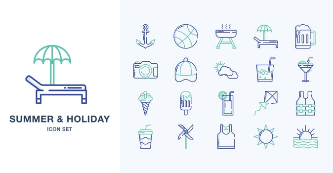 Summer and Holiday outline coloured icon set vector