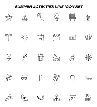Summer activities, holiday and vacation concept. Line icon set with icons of bench, paragliding, parasailing, sea star, sailboat, ice cream, credit card, picnic, backpack, sun etc vector