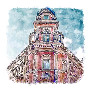 Architecture Hamburg Germany Watercolor sketch hand drawn illustration vector