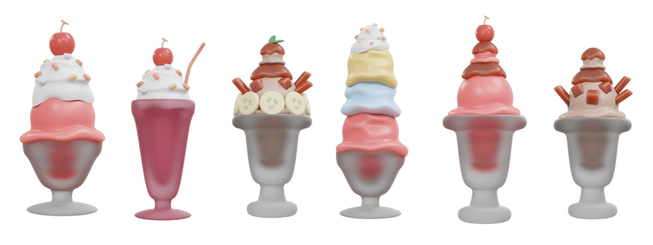 3D Rendering of set of glass cup of ice cream sundae many flavor png
