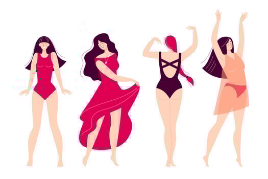 Set of dancing happy young women. Disco, sports activity, fitness, movement. Love to yourself and your body. Illustration in flat style isolated on white background vector
