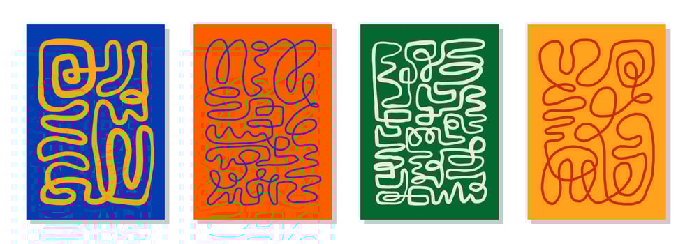 Set of 4 Matisse inspired wall art posters, brochure, flyer templates, contemporary collage. Organic one line abstract hand drawn design, wallpaper. Dynamic shapes graphic vintage vector