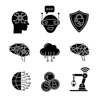 Artificial intelligence glyph icons set. Silhouette symbols. AI. Chat bot, cybersecurity, cloud computing, big data, internet of things, digital brain, currency exchange. Vector isolated illustration