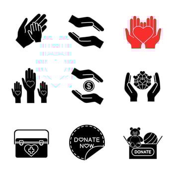 Charity glyph icons set. Silhouette symbols. Helping hands, donate now sticker, Earth saving, toys donation, organ transplant box, unity in diversity. Vector isolated illustration