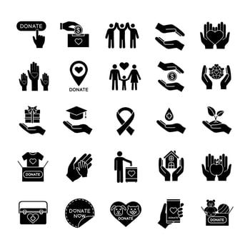 Charity glyph icons set. Silhouette symbols. Donation. Fundraising, helping hands, volunteering, humanitarian aid. Vector isolated illustration