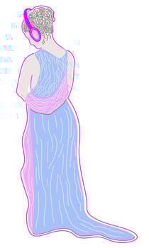 Vector illustration of ancient female statue with headphones and bright pink decoration.