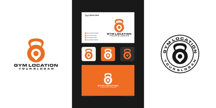 Fitness location with barbell logo design and negative space pin map, modern logo and vintage design template and business card vector