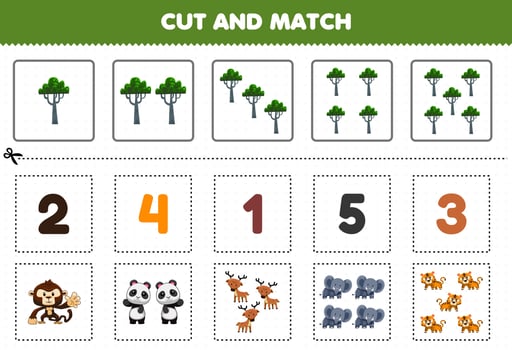 Education game for children cut and match the same number of cute cartoon jungle animal printable worksheet vector