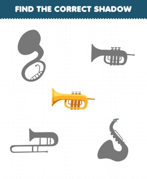 Education game for children find the correct shadow set of cartoon music instrument trumpet vector