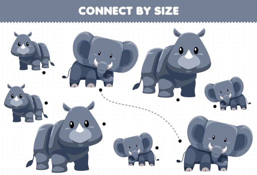 Educational game for kids connect by the size of cute cartoon animal elephant and rhino printable worksheet vector
