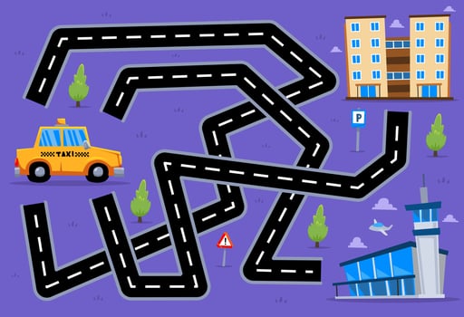 Maze puzzle game for children help cartoon transportation taxi find the right path to the building or airport vector