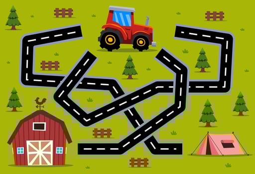 Maze puzzle game for children help cartoon transportation tractor find the right path to the barn or tent vector