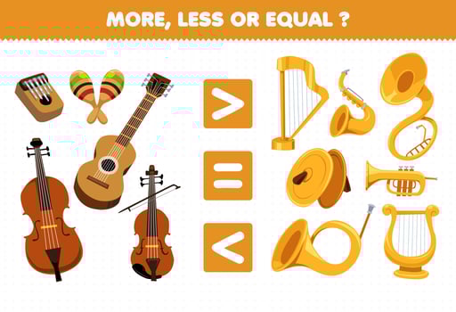 Education game for children more less or equal count the amount of cartoon music instrument kalimba maracas guitar cello violin harp saxophone trumpet cymbals lyre printable worksheet vector