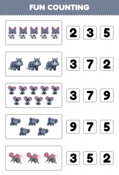 Education game for children fun counting and choosing the correct number of cute cartoon gray animal cat rhino koala elephant mouse printable worksheet vector