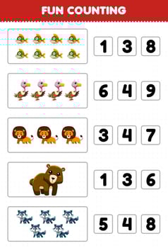Education game for children fun counting and choosing the correct number of cute cartoon carnivore animal piranha vulture lion bear wolf printable worksheet vector