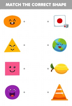 Education game for children match the correct shape of geometric object oval lemon triangle traffic cone square dice circle planet printable worksheet vector