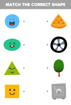 Education game for children match the correct shape of geometric object circle tire oval tree triangle waffle square safe box printable worksheet vector