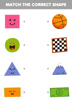 Education game for children match the correct shape of geometric object square chessboard circle basket ball triangle mountain rectangle paper money printable worksheet vector