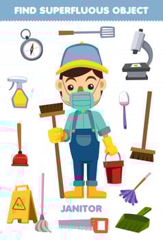 Education game for children find the superfluous objects for cute cartoon profession janitor printable worksheet vector