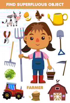 Education game for children find the superfluous objects for cute cartoon profession farmer printable worksheet vector