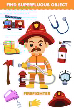 Education game for children find the superfluous objects for cute cartoon profession firefighter printable worksheet vector