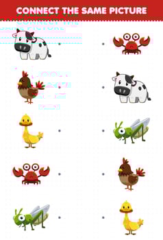 Education game for children connect the same picture of cute cartoon animal cow chicken duck crab grasshopper printable worksheet vector
