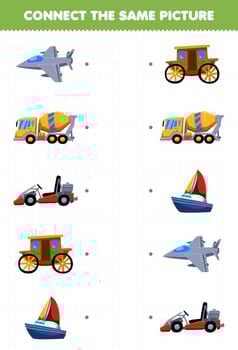 Education game for children connect the same picture of cartoon transportation jet fighter concentrate mixer truck go cart carriage sailboat printable worksheet vector