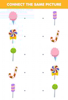 Education game for children connect the same picture of cartoon food candy printable worksheet vector
