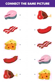 Education game for children connect the same picture of cartoon food salmon bacon cheese sausage beef printable worksheet vector