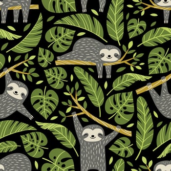 Hand drawn seamless pattern with cute sloths and tropical palm leaves. Perfect for textile, wallpaper or print design. vector