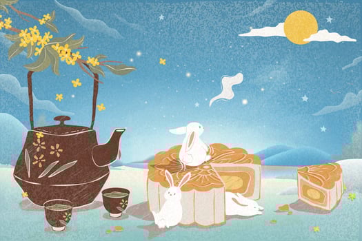 delicious mooncake hot tea illustration mid autumn festival vector