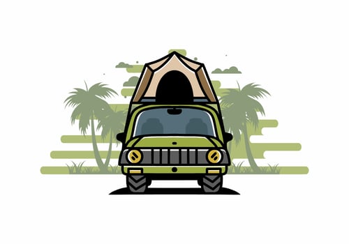Camping on the roof of car illustration badge design vector
