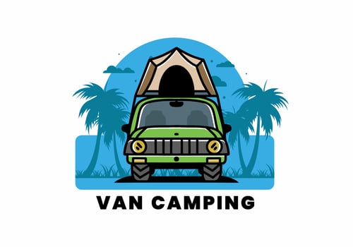 Camping on the roof of car illustration badge design vector