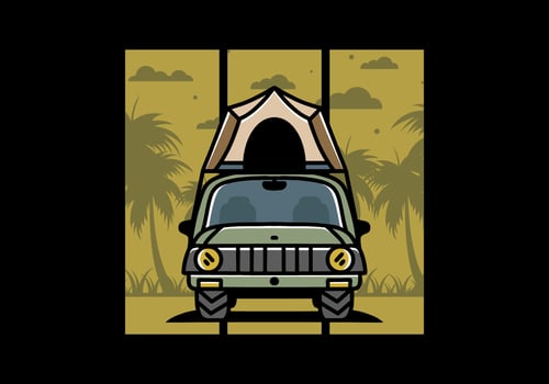 Camping on the roof of car illustration badge design vector