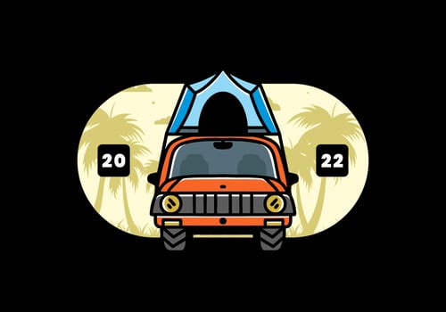 Camping on the roof of car illustration badge design vector