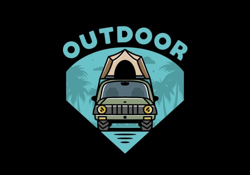 Camping on the roof of car illustration badge design vector