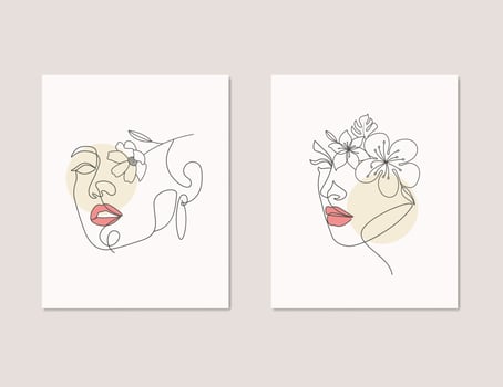Beauty face flower woman abstract fashion feminine floral girl one line art poster set vector design