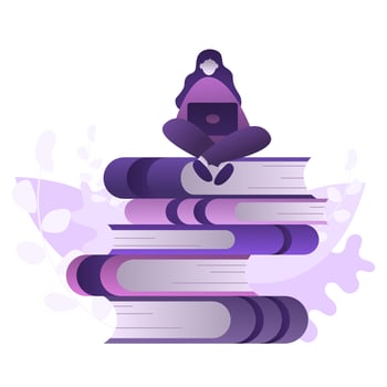 Girl with laptop sitting on books. vector