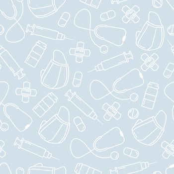 Vector seamless medicine pattern background, disposable masks, syringes, stethoscope, pills, tablets.