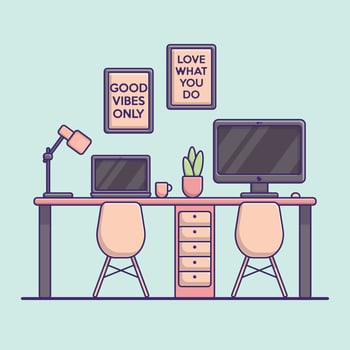 Home or office workspace with desk, computer and laptop. Flat style interior with paintings and house plants. vector