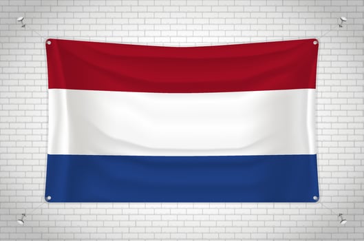 Netherlands flag hanging on brick wall. 3D drawing. Flag attached to the wall. Neatly drawing in groups on separate layers for easy editing. vector