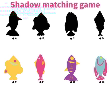 Ocean animals shadow matching game activity for children. Fun summer puzzle with cute fish. vector