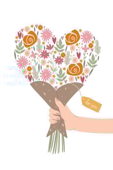 Greeting card with a bouquet in the shape of a heart in hand. Vector graphics.