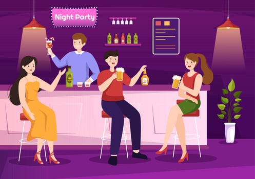 Night Club Cartoon Illustration with Nightlife like a Young People Drink Alcohol and Youth Dance Accompanied by Dj Music in Spotlight vector