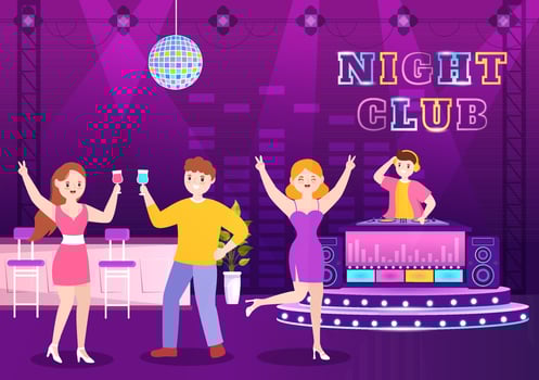Night Club Cartoon Illustration with Nightlife like a Young People Drink Alcohol and Youth Dance Accompanied by Dj Music in Spotlight vector