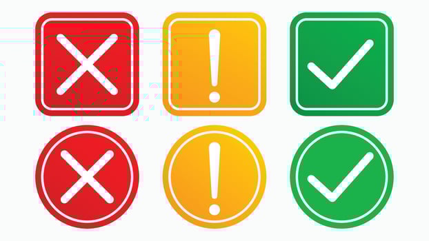 Set of flat round check mark, exclamation point, X mark icons, buttons on a isolated background.Green red yellow vector circle symbols. Red check mark icon vector.Stock vector. Vector illustration
