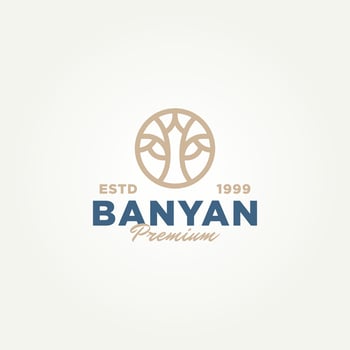 minimalist banyan tree line art icon logo badge template vector illustration design. simple minimalist environment, nature, ecology tree of life emblem logo concept inspiration