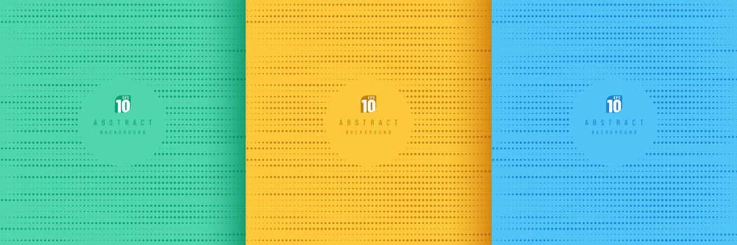 Set of abstract pattern random dots halftone on yellow, green, and dark blue background. Simple flat design with copy space. Minimal and modern vector banner design. Use for cover, poster, template.